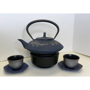 vtg. Teavana Japan Cast Iron Blue Koi Fish Teapot cups Saucers Warmer Trivet